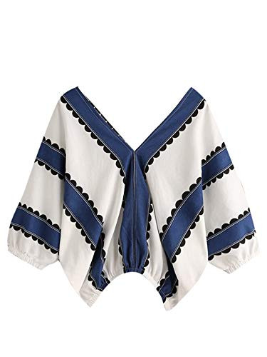 Floerns Women s V Neck Batwing Sleeve Striped Blouse Top White M