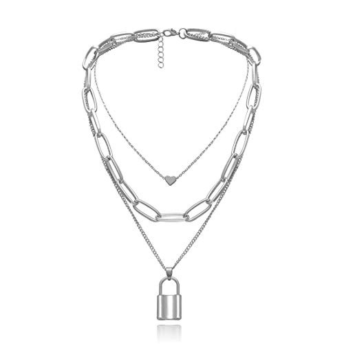 GVUSMIL Y Lock Pendant Necklace for Women Men Long Chain Punk Multilayer Choker Key and Lock Necklaces for Girls Boys Gift  Multi Layer Silver GVUSMIL Y Lock Pendant Necklace for Women Men Long Chain Punk Multilayer Choker Key and Lock Necklaces for Girls Boys Gift  Multi Layer Silver