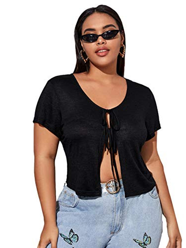 Floerns Women s Plus Size Solid Tie Front Short Sleeve Tee Top Black 1XL