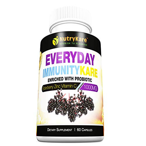 Everyday ImmunityKare   Immune System Boost Elderberry Capsules 1000mg   Immune Support with Garlic Powder  Echinacea  Zinc  Vitamin C  Elderberry Extract   Soy  Dairy   Gluten Free   Made in The USA