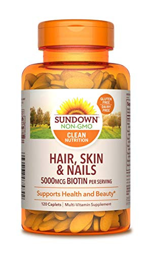Hair  Skin   Nails Vitamins by Sundown  with Collagen  Non GMO  Free of Gluten  Dairy  Artificial Flavors  5000 mcg of Biotin  120 Caplets
