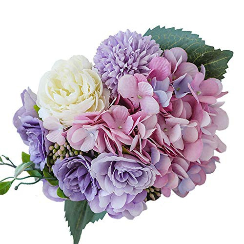 KIRIFLY Artificial Flowers Fake Hydrangea Silk Peony Plastic Rose Bouquet Decor Realistic Flower Arrangements Wedding Decoration Table Centerpieces  Purple KIRIFLY Artificial Flowers Fake Hydrangea Silk Peony Plastic Rose Bouquet Decor Realistic Flower Arrangements Wedding Decoration Table Centerpieces  Purple