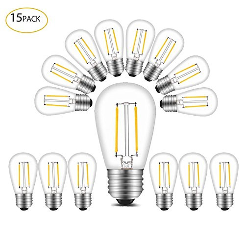 BRTLX S14 LED Edison Filament Bulb 2W Warm White 2700K 11W Incandescent Equivalent for Outdoor Commercial Grade String Lights Hanging Sockets Replacement Bulb Pack of 15