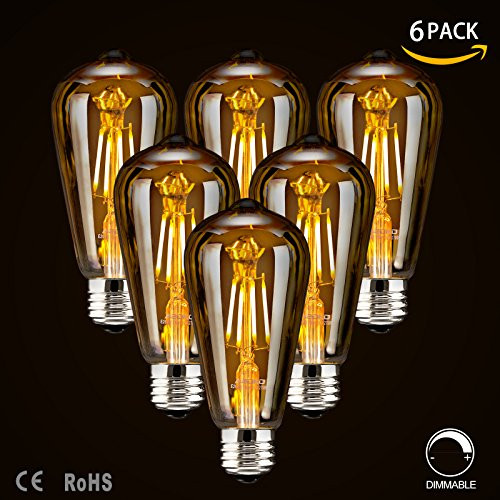 LED Dimmable Edison Light Bulbs 4W Vintage Light Bulb, 2300K Warm White (Amber Glass), Antique Style LED Edison Bulbs, Squarrel Cage Filament,ST64, E26 Base (4W- 6 Pack)