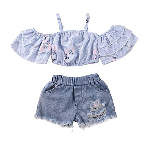 Toddler Baby Girl Shorts Set Off Shoulder Strap Crop Top Ruffle Sleeve Denim Ripped Shorts 2pcs Summer Clothes  12 18months
