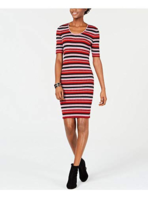 Bar III Womens Metallic Striped Sweaterdress Red S