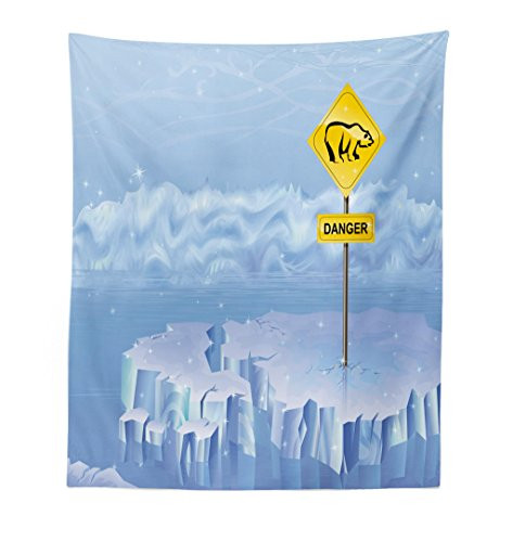 Lunarable Winter Tapestry, Polar Bear Danger Sign on Iceberg Arctic North Snowy Cracked Illustration, Fabric Wall Hanging Decor for Bedroom Living Room Dorm, 23 W X 28 L inches, Pale Blue Yellow
