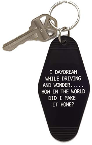 I Daydream While I Drive And Wonder Keychain in Black and White 3 75  x 1 75