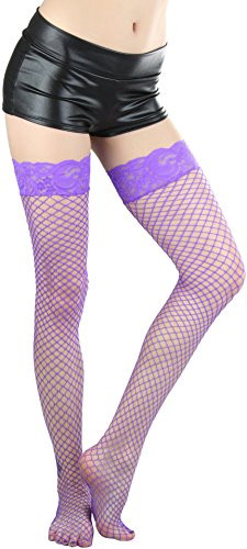 ToBeInStyle Women s Lace Top Spandex Mini Diamond Net Thigh Hi   Purple