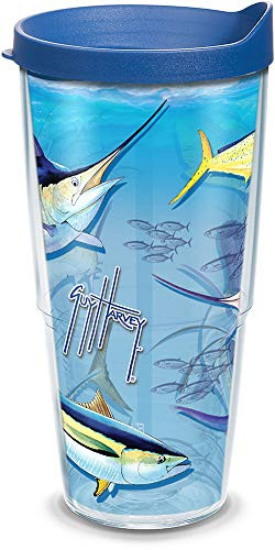 Tervis 1075391 Guy Harvey - Big Game Tumbler with Wrap and Blue Lid 24oz, Clear