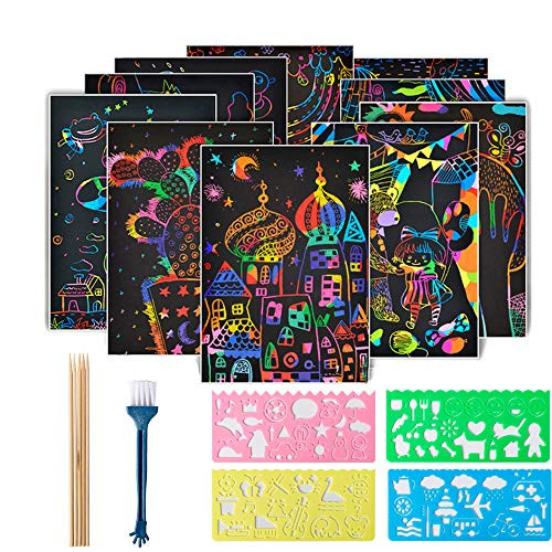 Rainbow Scratch Paper Art Set 50Pcs Rainbow Magic Scratch Paper Scratch Off Art Craft Notes Boards Sheets with 5 Wooden Stylus 4 Drawing Stencils  1 Soft Brush Perfect for Kids Art Craft DIY Project