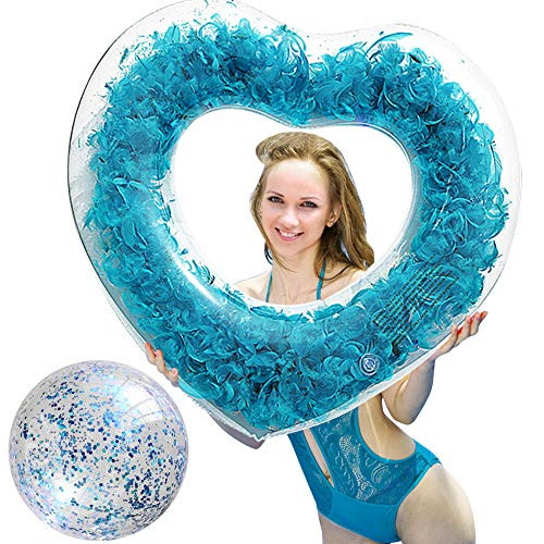 IAMGlobal Heart Pool Float with Feather  Inflatable Swim Ring  Swim Party Toys  Party Lounge Raft  Swimming Float  Beach Floatie with Glitter Beach Ball for Adults and Kids  35 43    Blue