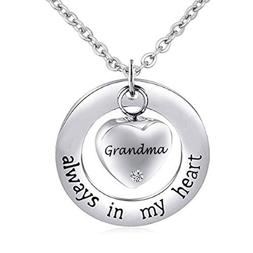 CoolJewelry Urn Necklace for Ashes Stainless Steel Circle Heart Pendant Cremation Memorial Jewelry Dear Grandma Always in My Heart