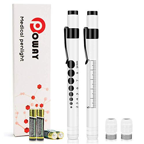 Opoway Pen Light Nurse Pen Light Medical Penlight for Nurse Doctors Nursing Students 2pcs White with Pupil Gauge and Batteries 2 Replacement Warm Light Bulbs Included