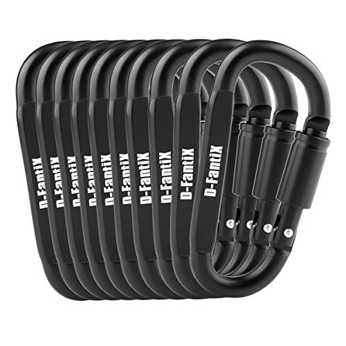 D FantiX Aluminum Locking Carabiner Keychain Hook D Ring Clips EDC Gear Black Pack of 10