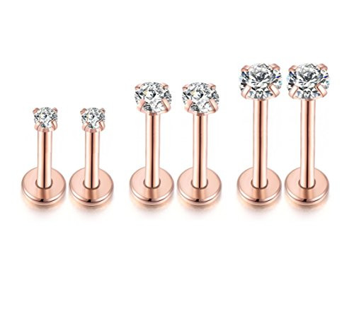 3Pairs 16G CZ Labret Cartilage Tragus Monroe Lip Nose Helix Studs Earrings Stainless Steel Piercings Jewelry  Rose Gold