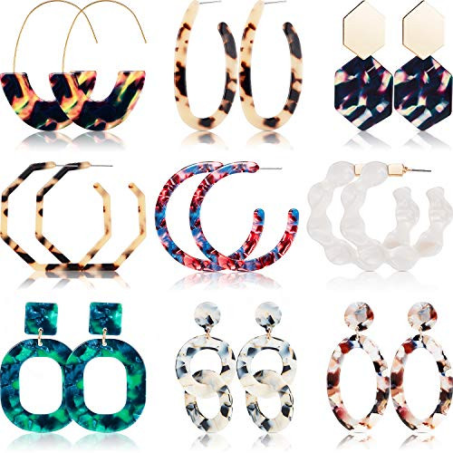 9 Pairs Mottled Acrylic Hoop Earrings Resin Stud Earrings Bohemian Statement Stud Drop Dangle Earrings Jewelry for Women Girl  Style Set 1