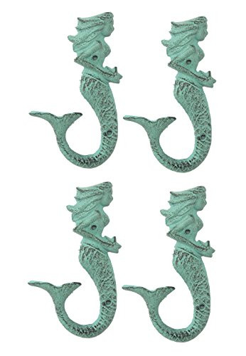 Chesapeake Bay 4 Mermaid Cast Iron Wall Hooks, Green 67514 6 Inches Tall
