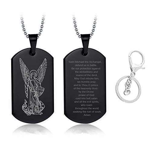 LF Stainless Steel St Michael Necklace Keychain God Prayers Saint Michael Necklace Dog Tag Praying Pendant St  Michael The Archangel Necklaces Jewelry for Men for Boyfriend Dad Husband Son Gift