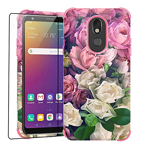 WZOKA Floral Case for LG Stylo 5 Case  Stylo 5 Plus Case  Stylo 5V Case with Tempered Glass Screen Protector  Hybrid Dual Layers 3 in 1 Solid Floral Case  Pink