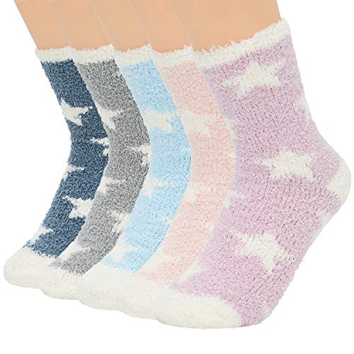 Zando Fuzzy Socks for Women Warm Slipper Socks Cozy Fluffy Socks Winter Fleece Socks Cute Fuzzy Socks Indoor Plush Socks Comfy Crew Socks Super Soft Casual Socks 5 Pairs Star One Size