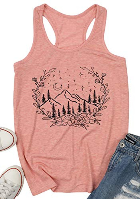 Tank Tops for Women Mountain Graphic Tee Shirt Flowers Printed Sleeveless T Shirt Happy Camper Casual Tee Top Pink