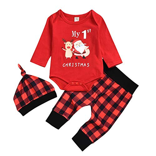 3Pcs Newborn Baby Boys Xmas Clothes Set My 1st Christmas Red Romper Elk Santa Top Red Plaid Pants Outfits with Hat  0 3 Months  Red Romper red Plaid Pants hat Outfits