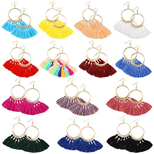 Sntieecr 14 Pairs Tassel Hoop Earrings Bohemia Colorful Fan Shape Drop Earrings Statement Hoop Dangle Earrings for Women Sntieecr 14 Pairs Tassel Hoop Earrings Bohemia Colorful Fan Shape Drop Earrings Statement Hoop Dangle Earrings for Women