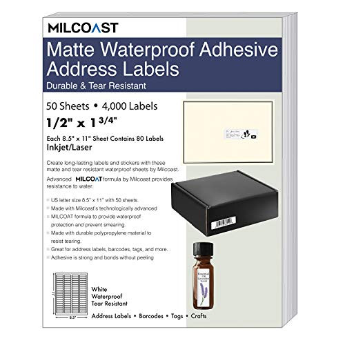 Milcoast Matte Waterproof Tear Resistant White Blank Adhesive 1/2" x 1-3/4" Address Labels - for Laser/Inkjet Printers - 4000 Labels (50 Sheets)
