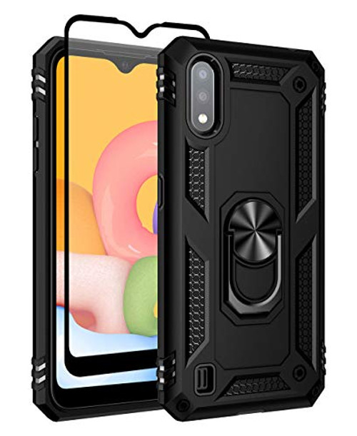 SunRemex Galaxy A01 Case with Tempered Glass Screen Protector  A01 Case Kickstand   Military Grade   15ft  Drop Tested Protective Case Cover for Samsung Galaxy A01 Phone  Black