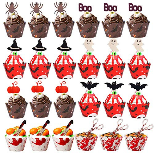 24Pcs Halloween Cupcake Topper Wrappers Artistic Bake Cake Paper Liner Baking Cup Wraps Muffin CaseTrays Party Cupcake Decor Food Picks Decoration for Halloween Party Supplies Party Favors