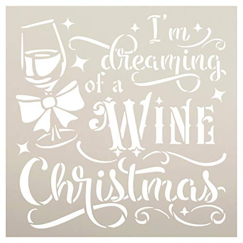 Wine Christmas Stencil by StudioR12   DIY Funny Winter Holiday Home Decor   Craft   Paint Wood Sign Reusable Mylar Template   Glass Present Bow Cursive Script Gift Select Size  9 inches x 9 inches
