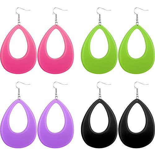 4 Pairs Women 80s Earrings Retro Earrings Dangle Earrings Neon Earrings for 80s Party Costume Accessory  Hollow Teardrop Style