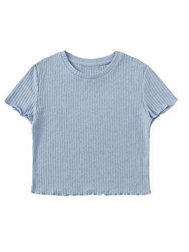 Floerns Women s Casual Rib Knit Lettuce Trim Short Sleeve Tee Shirt Top Blue S