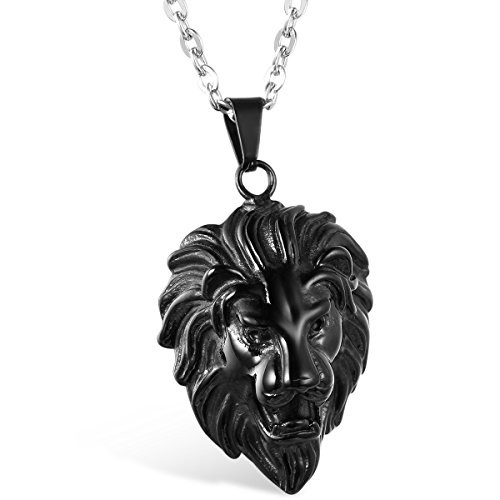 Flongo Men s Biker Stainless Steel Black Lion Head Pendant Necklace 22 inch Chain Flongo Men s Biker Stainless Steel Black Lion Head Pendant Necklace 22 inch Chain
