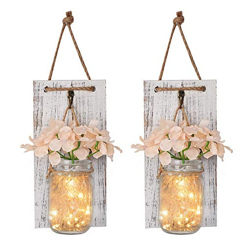 IVYSHION Mason Jar Sconces Rustic Wall Sconces with Fairy Light String and Silk Hydrangea, Decorative Flower Wall Decor 