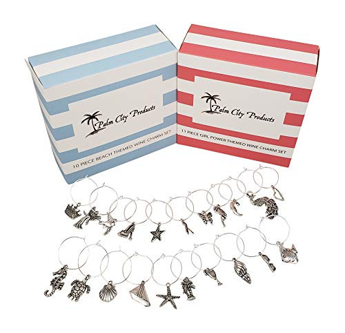 Beautiful Bundle of Beach and Girl Power Themed Wine Charms