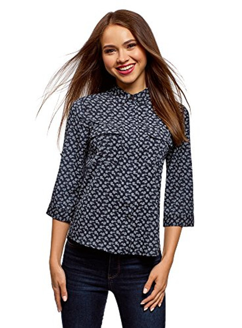 oodji Ultra Women s Blouse in Flowing Fabric with Chest Pockets  Blue  4