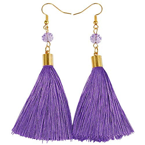 TUMBEELLUWA Tassel Dangle Earrings Bead Fringe Thread Drop Earring Handmade Jewelry for Women Purple Bead