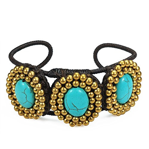 AeraVida Organic Handmade Triple Oval Simulated Turquoise Brass Cuff Bracelet