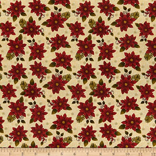 Benartex Winterberry Winter Poinsettia Parchment Ivory Quilt Fabric By The Yard