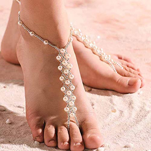 Bomine Pearl Barefoot Sandals Anklets Sand Beach Ankle bracelet Wedding Foot Chain Jewelry 2Pcs for Women and Girls