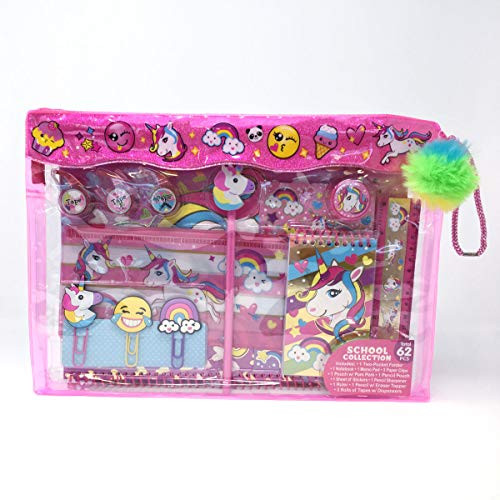 Hot Focus School Collection Rainbow Unicorn. Pouch w/Pom Pom, Pencil Pouch, Notebook, 3 Tapes, Folder, 3 Paper Clips, Stickers, Memo Pad etc. Best Holiday Set for Kids/Girls/Tween