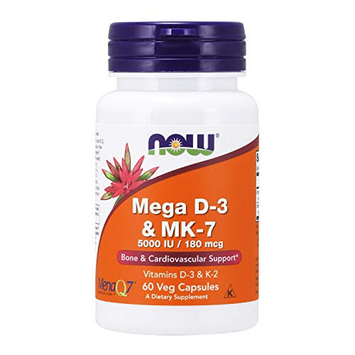 NOW Supplements  Mega D 3   MK 7 with Vitamins D 3   K 2  5 000 IU 180 mcg  Bone   Cardiovascular Support*  60 Veg Capsules