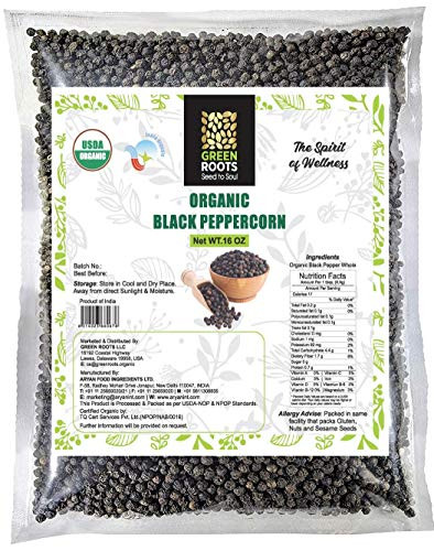 Greenroots USDA Organic Tellicherry Peppercorn  Whole  Black Tellicherry  16 Oz  1 Lb