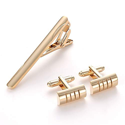 JUNHAN Men s Tie Clip and Cufflinks Set Gold Business Necktie Clip Tie Bar Clips Shirts Wedding Gift Box
