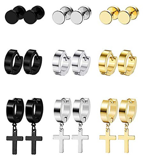 Vegolita 9Pairs Stainless Steel Stud Earrings for Men Hoop Earrings Cross Dangle Earrings CZ Huggie Ear Piercing Set B