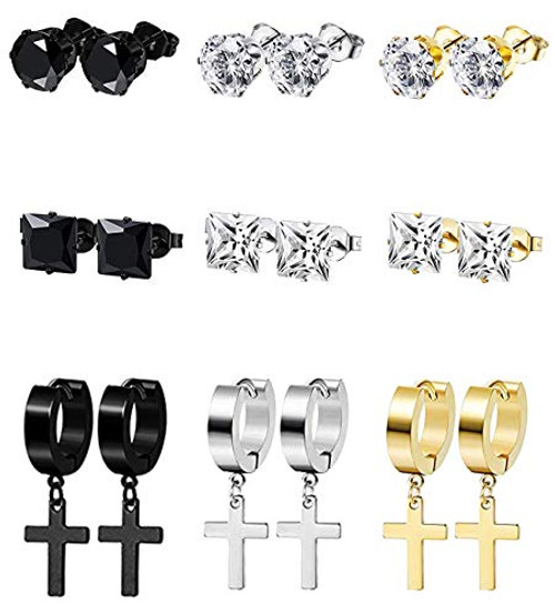 Vegolita 9Pairs Stainless Steel Stud Earrings for Men Hoop Earrings Cross Dangle Earrings CZ Huggie Ear Piercing Set S