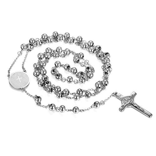Cupimatch Stainless Steel 6mm Beads Jesus Bible Rosary Necklace  Women Men Vintage Christ Catholic Crucifix Cross Pendant Chain