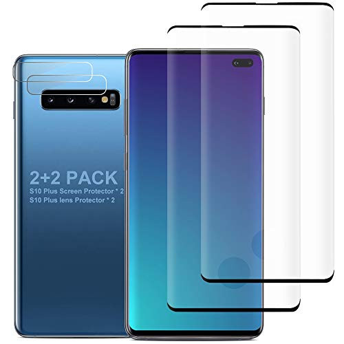 4 Pack  Galaxy S10 Plus Screen Protector Include 2 Pack Tempered Glass Screen Protector 2 Pack Tempered Glass Camera Lens Protector 9H Hardness HD Transparent Scratch Resistant for Galaxy S10 Plus
